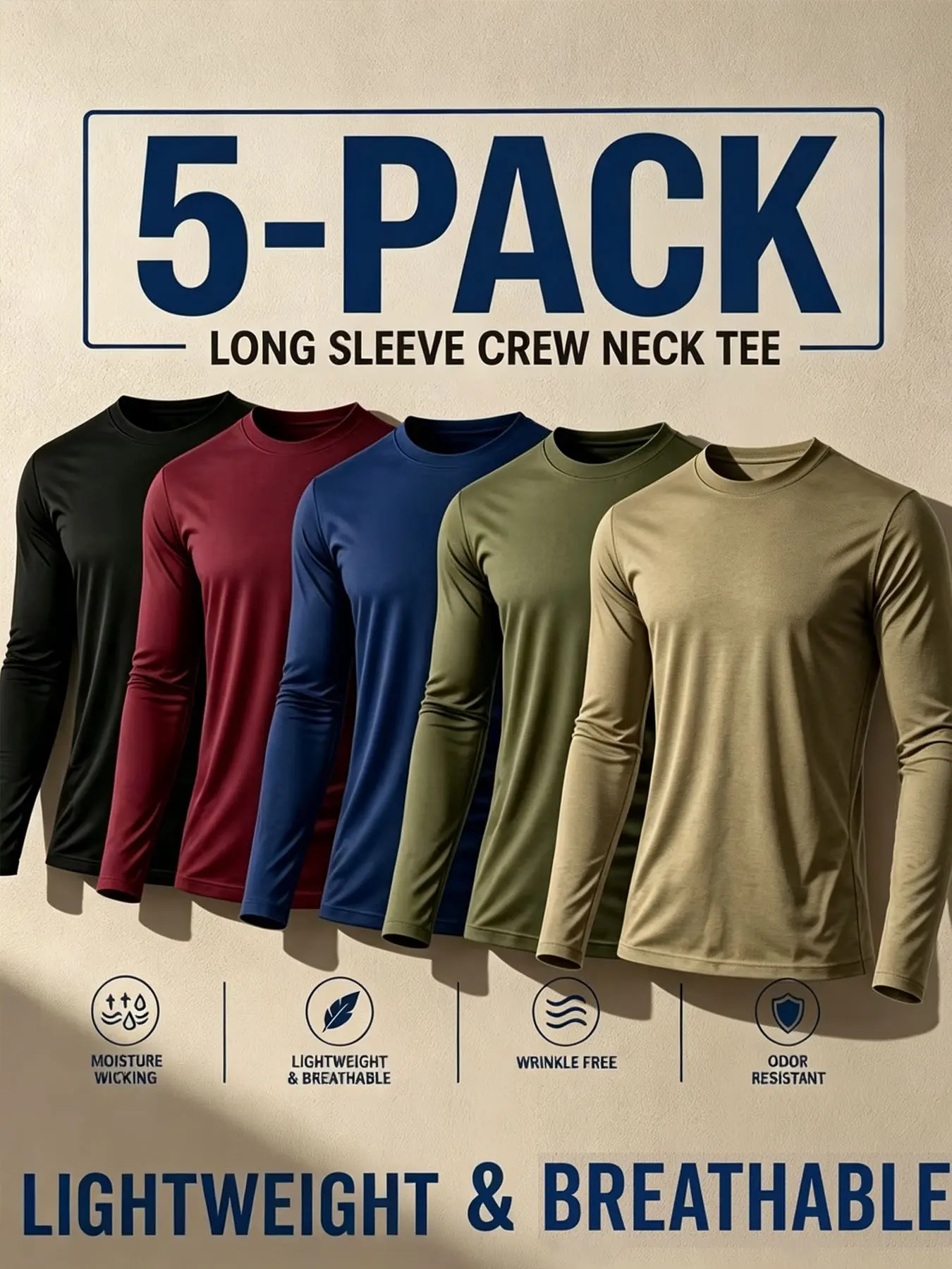 5-Pack Men's Long Sleeve T-Shirts, Casual Loose-Fit, Breathable Quick-Dry, Ideal for Gym, Running, Outdoor Activities, All Seasons