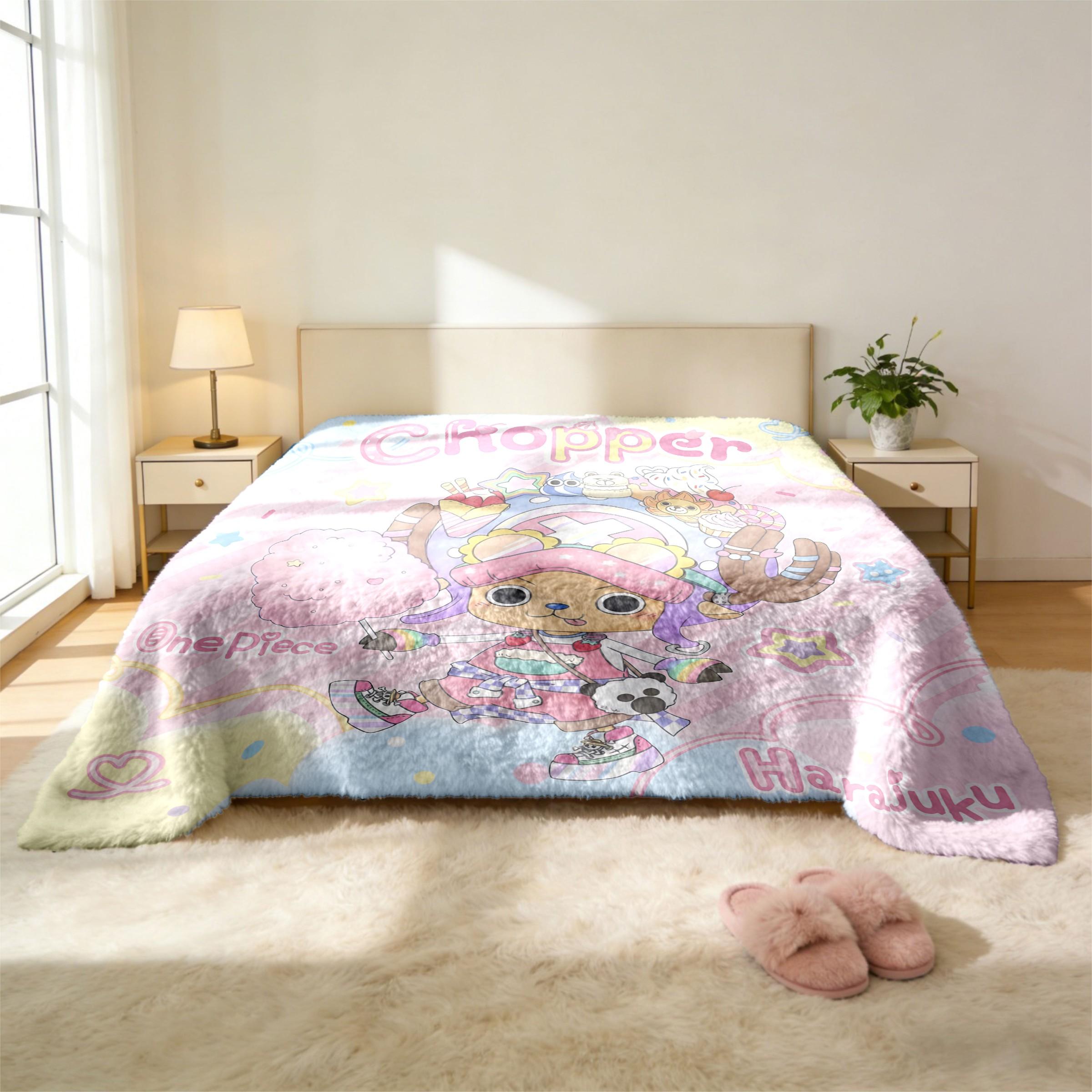 One Piece Chopper Harajuku Throw Blanket (Kawaii Street Fashion Design) - Tony Tony Chopper & Harajuku Motif Prints, Skin-Friendly & Machine Washable, High-Grade Plush & Double Warmth, Multi-Scene Use, Perfect Gift for One Piece Fans