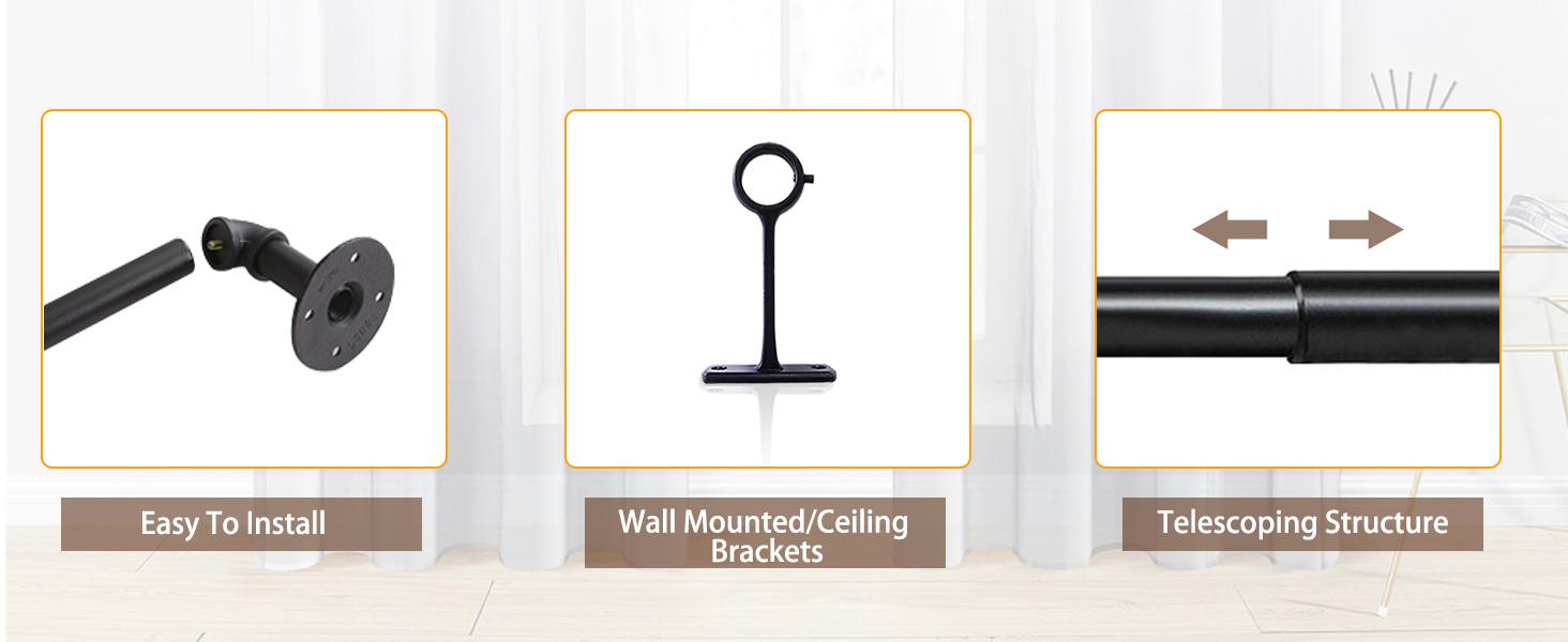 Inovaday Curtain Rods for Windows 1 Inch Industrial Curtain Rod, Wrap Around Black Indoor/Outdoor Curtain Rod, Room Divider Adjustable Curtain Rod for Bedroom Living Room Bathroom Black Outdoorfun