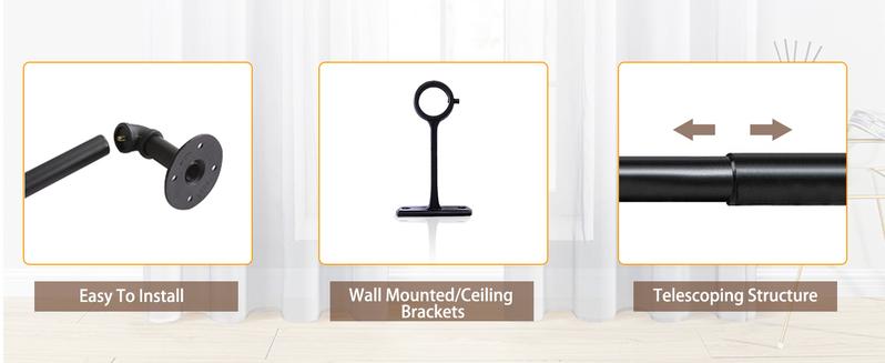 Inovaday Curtain Rods for Windows 1 Inch Industrial Curtain Rod, Wrap Around Black Indoor/Outdoor Curtain Rod, Room Divider Adjustable Curtain Rod for Bedroom Living Room Bathroom Black Outdoorfun