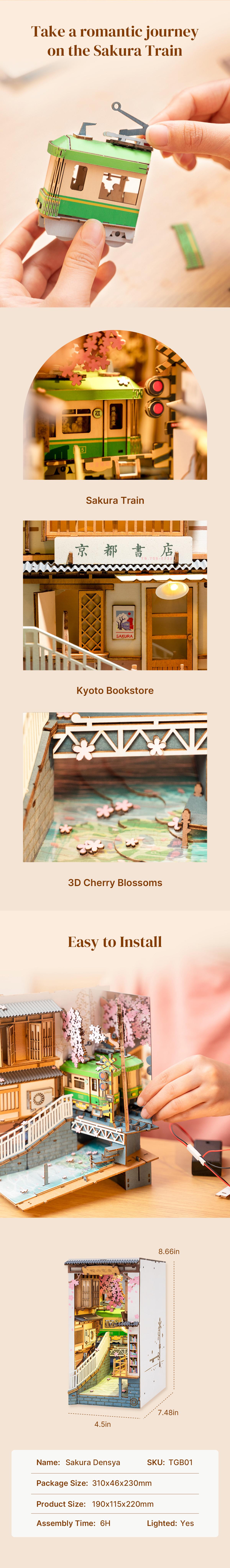 Rolife DIY Book Nook Kit Decorative Bookend Insert Bookcase Book Stand Miniature House Kit with LED Light Creative Gift for Birthdays (Sakura Tram)Sakura Densya DIY Book Nook Shelf Insert Kit TGB01