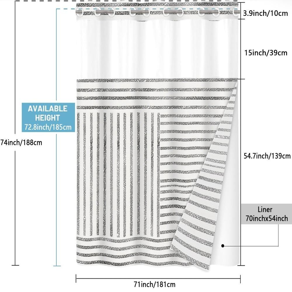 1pc hookless removable shower curtain with buckle lining, black and white striped geometric patchwork design, 2D flat printing, fabric waterproof lining, see-through double-layer shower curtain, 71 x 74 inches, modern home draping curtain