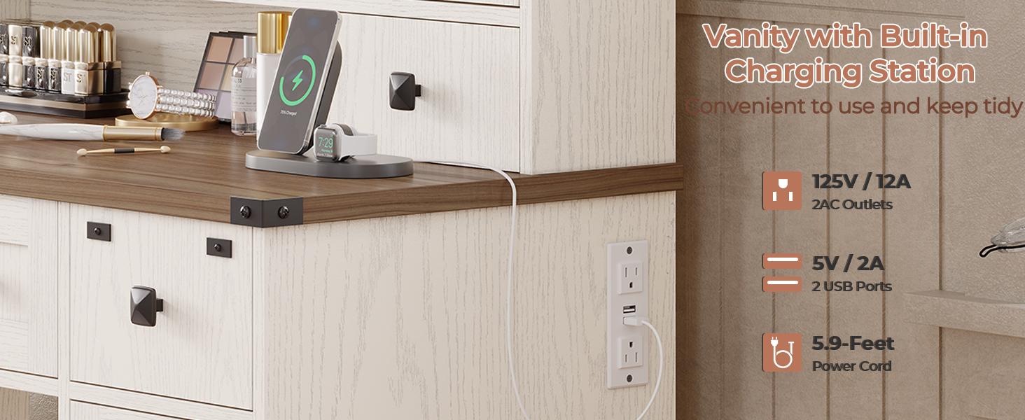 Sikaic Farmhouse Makeup Desk with Power Strips, Vanity Table with Sliding Barn Door and 5 Drawers, Dressing Table, White Furniture Organize Storage Bedroom