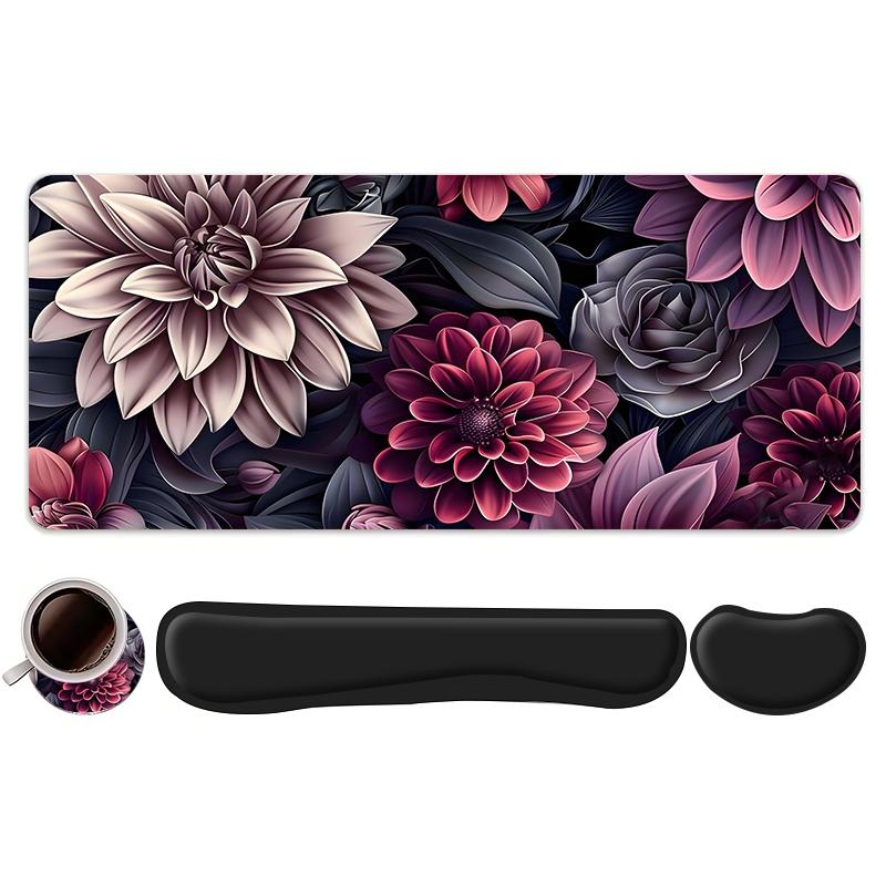 4pcs Dark Toned Floral Design Mouse Pad + Keyboard Wrist Rest + Ergonomic Mouse Pad + Coaster Set For Desktop Decoration, Desktop Accessory, Office Accessories Set Ergonomic Wrist Support, Computer Mat Mouse Pad Coaster Mousepad For Home Office Gaming