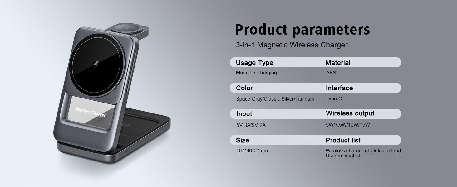 3 in 1 Magnetic Wireless Charging Station Mag-safe Charger Stand Magnetic Charger Dock 15W for iPhone 16 15 14 13 12 Series, For iwatch 3- 10 SE/Ultra, For Air  2-4 Pro, Space-saving, Exquisite Gift
