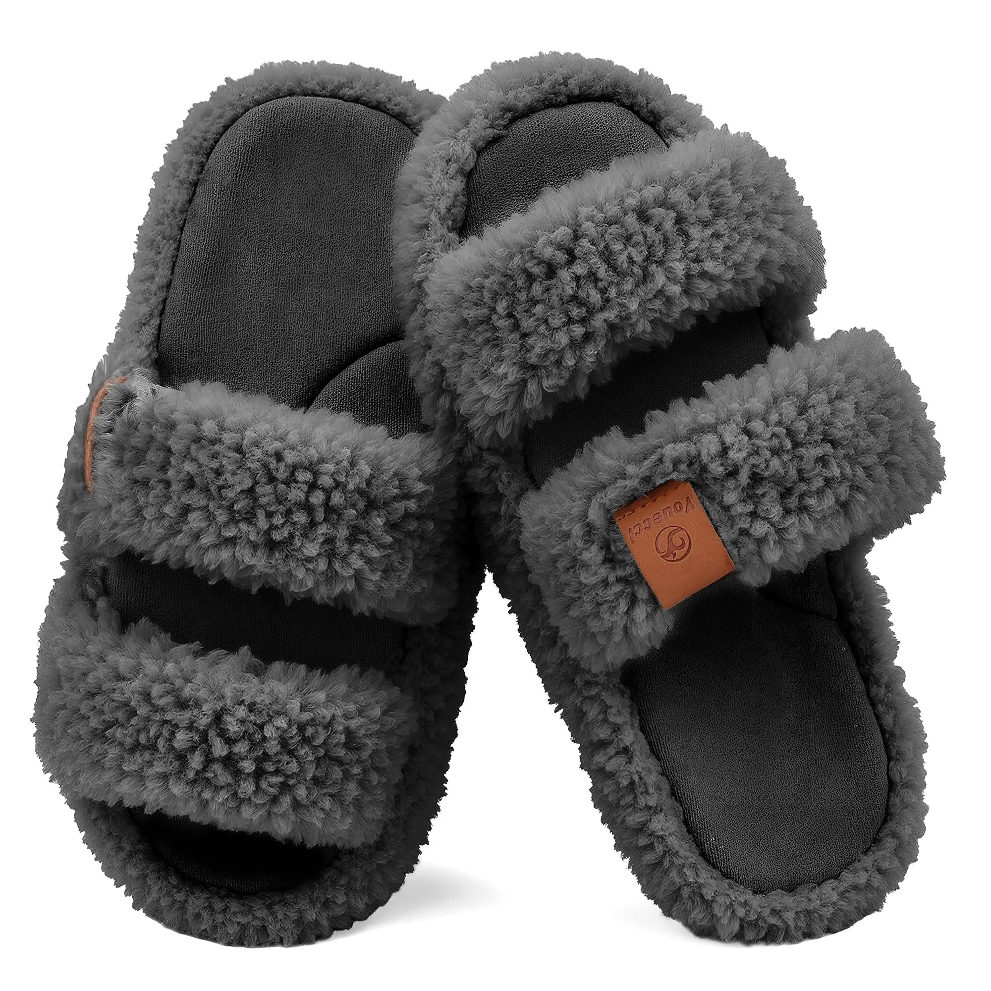 Men's Classic Arch Fit Fashion Slippers, Cozy Memory Foam Fur Footwear, Open-Toe Dual-Strap House Shoes with Arch Support for Women & Men