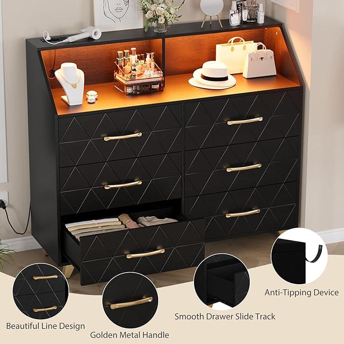 6 Drawer Dresser with LED Lights & Charging Station, Wooden Black Dresser for Bedroom, Modern TV Stand Dressers & Chests Of Drawers for Closet, Hallway, Entryway