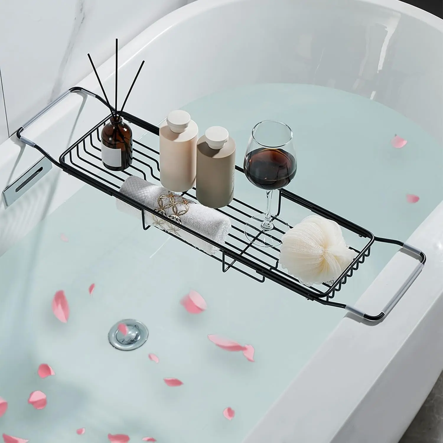 Expandable Adjustable Stainless Steel Bathtub Caddy Tray - Bathroom Bath Organizer Tub Shelf Table, Black, 26.8~35.4in
