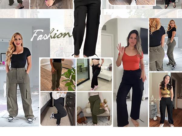 Avamo Stretchy Womens Cargo Pants thick thigh pants work outfits women Wide Leg Sweatpants Baggy High Waisted 6 Pockets Straight Leg Casual Y2K Streetwear Cinched Ankle/ Straight-Leg Capris Pants With Adjustable Trouser Cuffs for Daily Wear