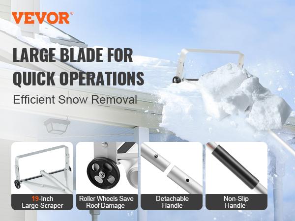 VEVOR Snow Roof Rake, 30ft Reach Aluminium Roof Shovel with Slide Cloth, Premium 19 Blade Snow Removal Tool, Safe on Roof with Roll Wheels, Anti-Slip Handle, Use for House Roof, Car Snow, Wet Leaves