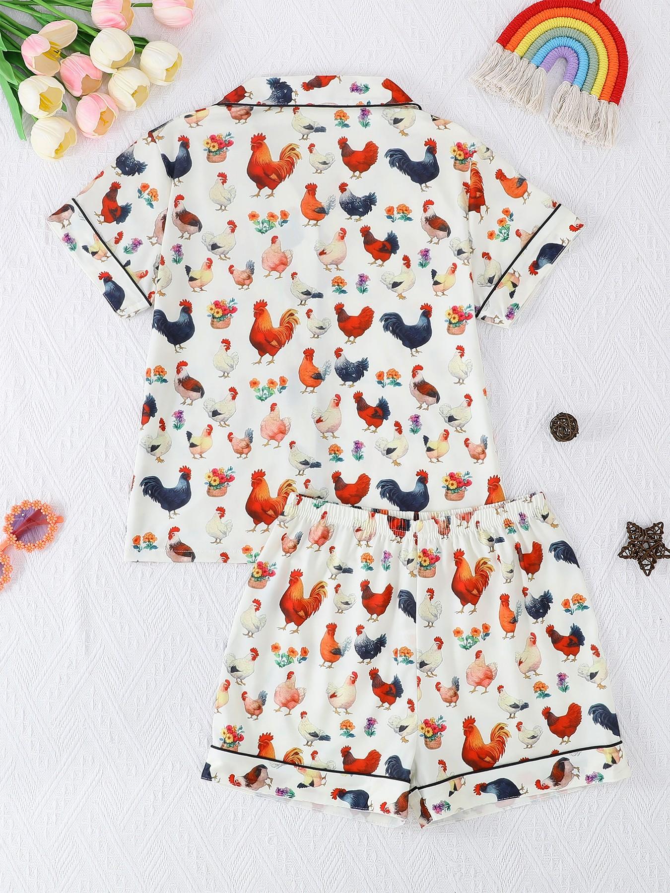 Sleepwear Sets, Cute Rooster Cartoon Pattern, Fashionable Button-Down Design, Short Sleeves & Shorts, All Seasons Wear