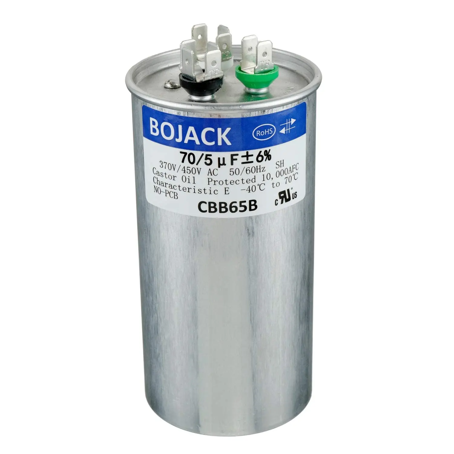 Compact Heat Resistant Metal Shell Round Form 70+5uF (70/5MFD) ±6% 370V/440V CBB65 Dual Run Start/Run Cap for AC Motor, Fan, Condenser Straight Cool Air Conditioner, Universal Type