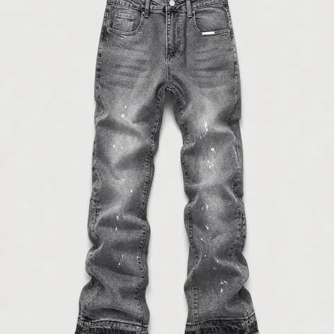 Men's Micro Flare Jeans, Loose-Fitting Button Fly Denim Pocket, Solid Color Y2K Streetwear Style, All-Season Wear, Washed Fabric, Patchwork Design, Relaxed Fit Jeans