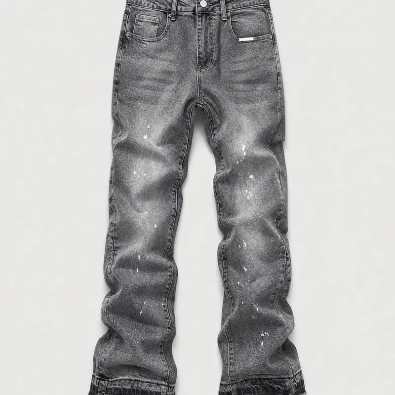 Men's Micro Flare Jeans, Loose-Fitting Button Fly Denim Pocket, Solid Color Y2K Streetwear Style, All-Season Wear, Washed Fabric, Patchwork Design, Relaxed Fit Jeans
