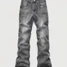 Men's Micro Flare Jeans, Loose-Fitting Button Fly Denim Pocket, Solid Color Y2K Streetwear Style, All-Season Wear, Washed Fabric, Patchwork Design, Relaxed Fit Jeans