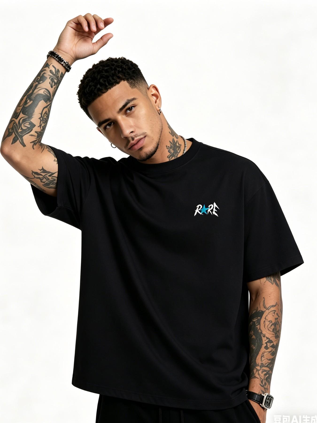 Men's Rare Star Print Cotton T-Shirt, Casual Loose-Fit Short Sleeve, Streetwear Fashion, Long Length, No Zipper or Button, Letters Pattern