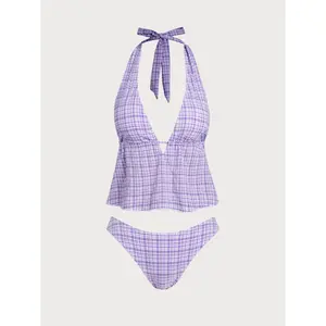 Black Deep V Plaid Tankini Set Print Tankini Wide Shoulder Strap Support High Elastic Waist Sun Protection Breathable Material Female Summer Beach Casual Water Play Clothing