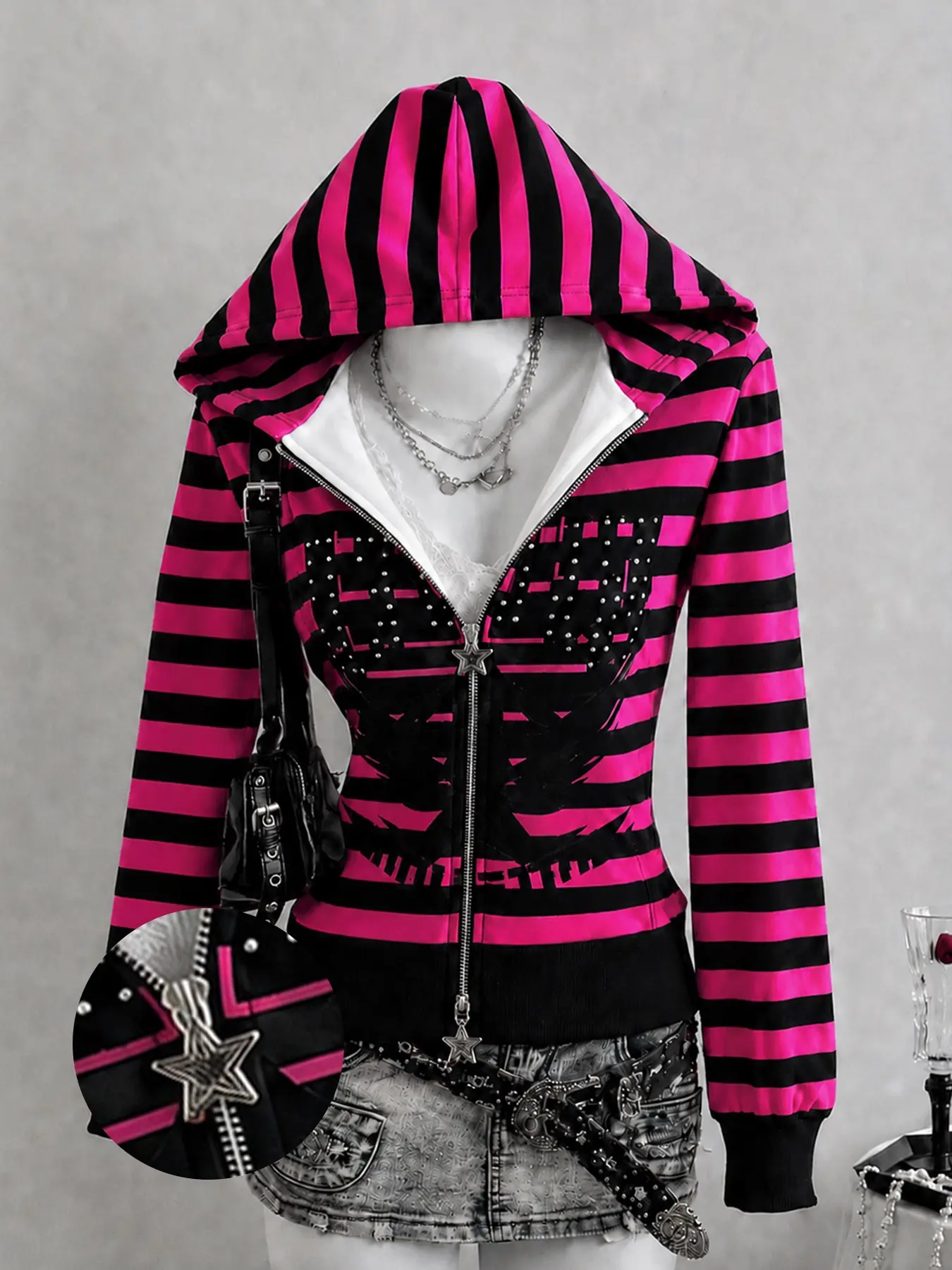 Trendy Street Style Jacket, Stripes, Metal Star Zipper, Dual Zip Design, Perfect for Parties, Fall Winter Fashion, Sporty Look, Knit Zipper Jacket
