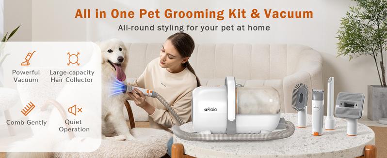 【LimitedTimeFlashSale】Afloia Dog Grooming Kit, Pet Grooming Vacuum & Dog Clippers & Dog Brush for Shedding with Vacuum Grooming Tools, Low Noise Dog Vacuum Hair Remover Pet Grooming Supplies Paw Trimmer