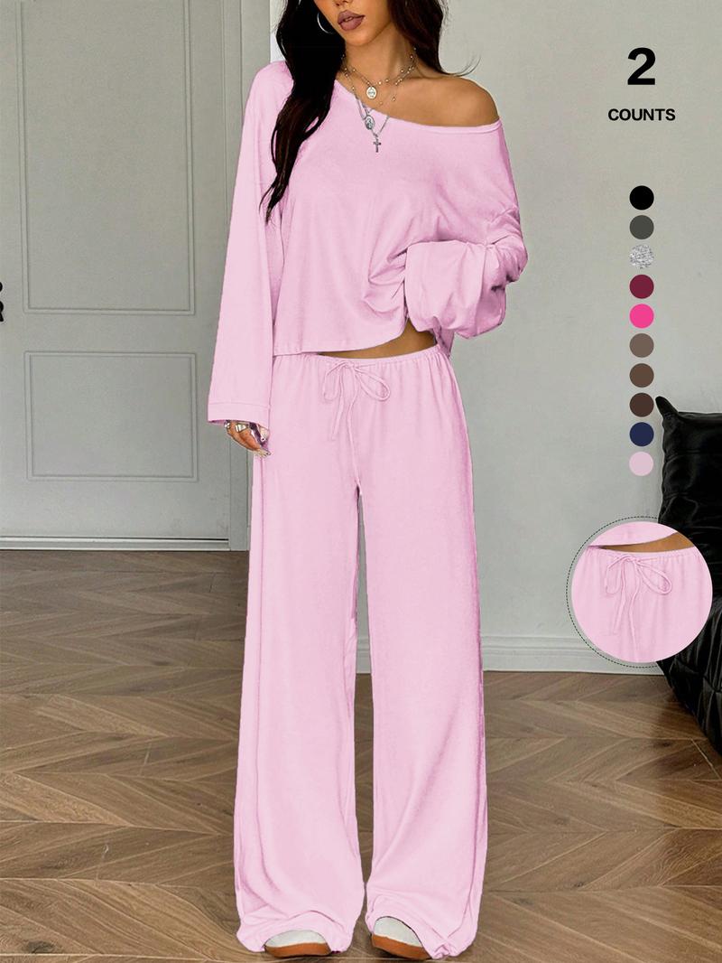 Women's 2 Piece Matching Lounge Set, off the Shoulder Long Sleeve Top, Drawstring Wide Leg Pants, Casual Sweatsuit, All Seasons