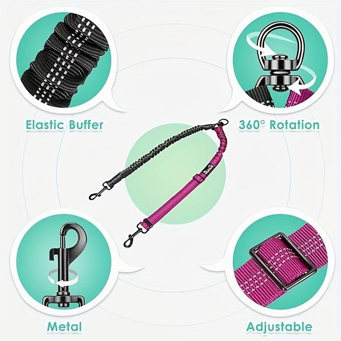 2-in-1 Dual Dog Walking Leash, Anti-Tangle Splitter with Shock Absorbing Elastic Bungee, Adjustable Crossbody Shoulder Strap, Dual Pet Training Lead for Two Dogs