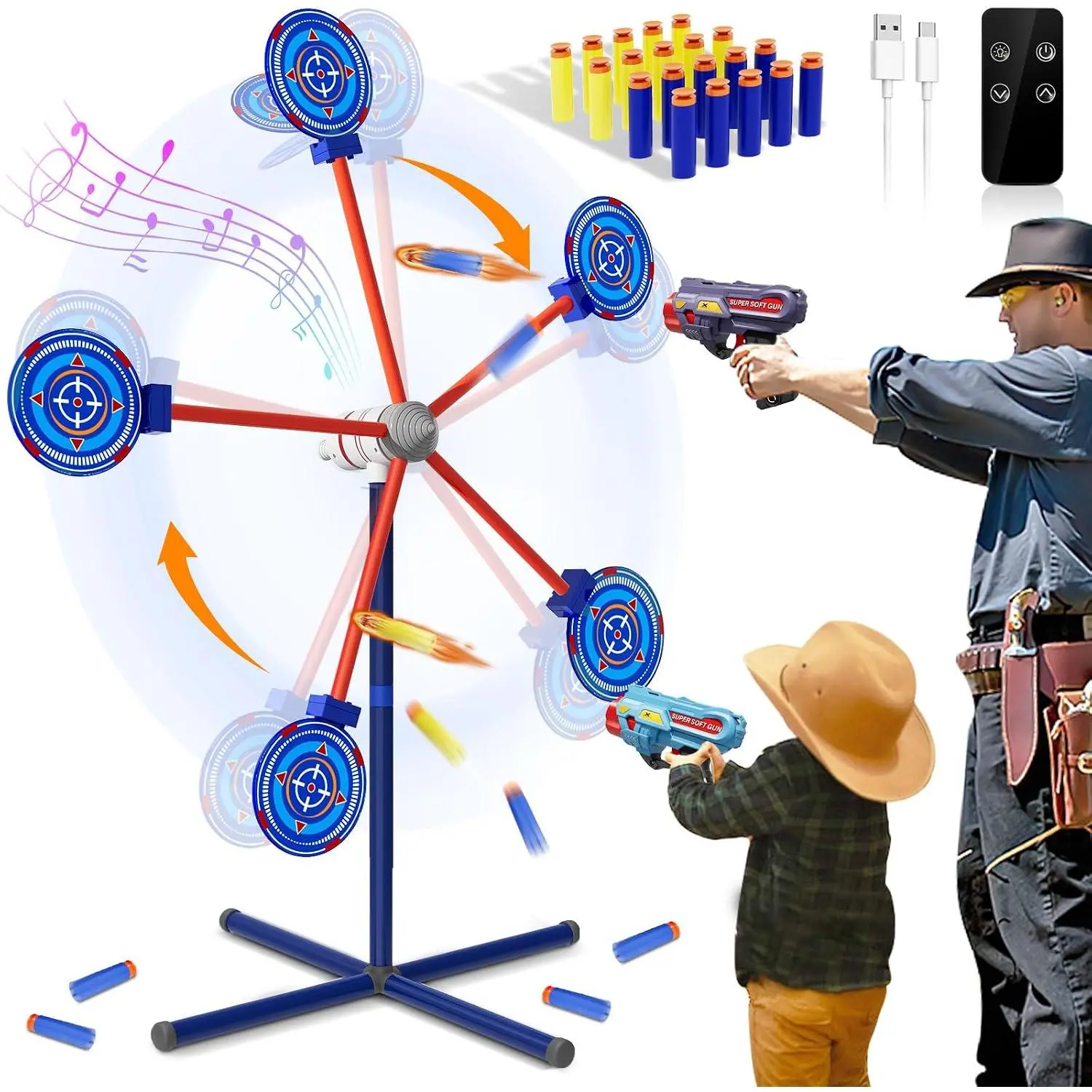 Rocket Shooting Games Toys with Rotating Target 2 Toy Guns 20 Foam Darts Kids Outdoor Toys for Boys Age 5 6 7 8 9 10+ Year Old Carnival Games Compatible with Nerf Guns