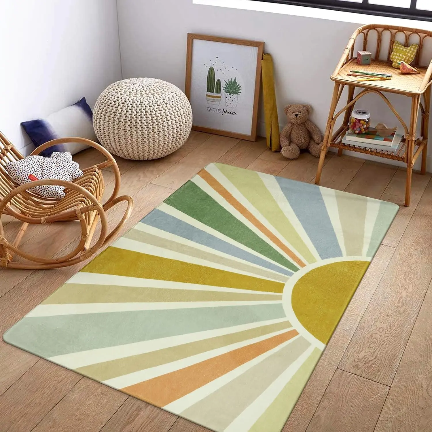 Boho Washable Rug 3'x5'  Area Rug for Playroom, Colorful  Rug for Bedroom, Non-Slip Throw Sun Carpet Soft Small Sunshine Rugs for Office  Entryway Dorm