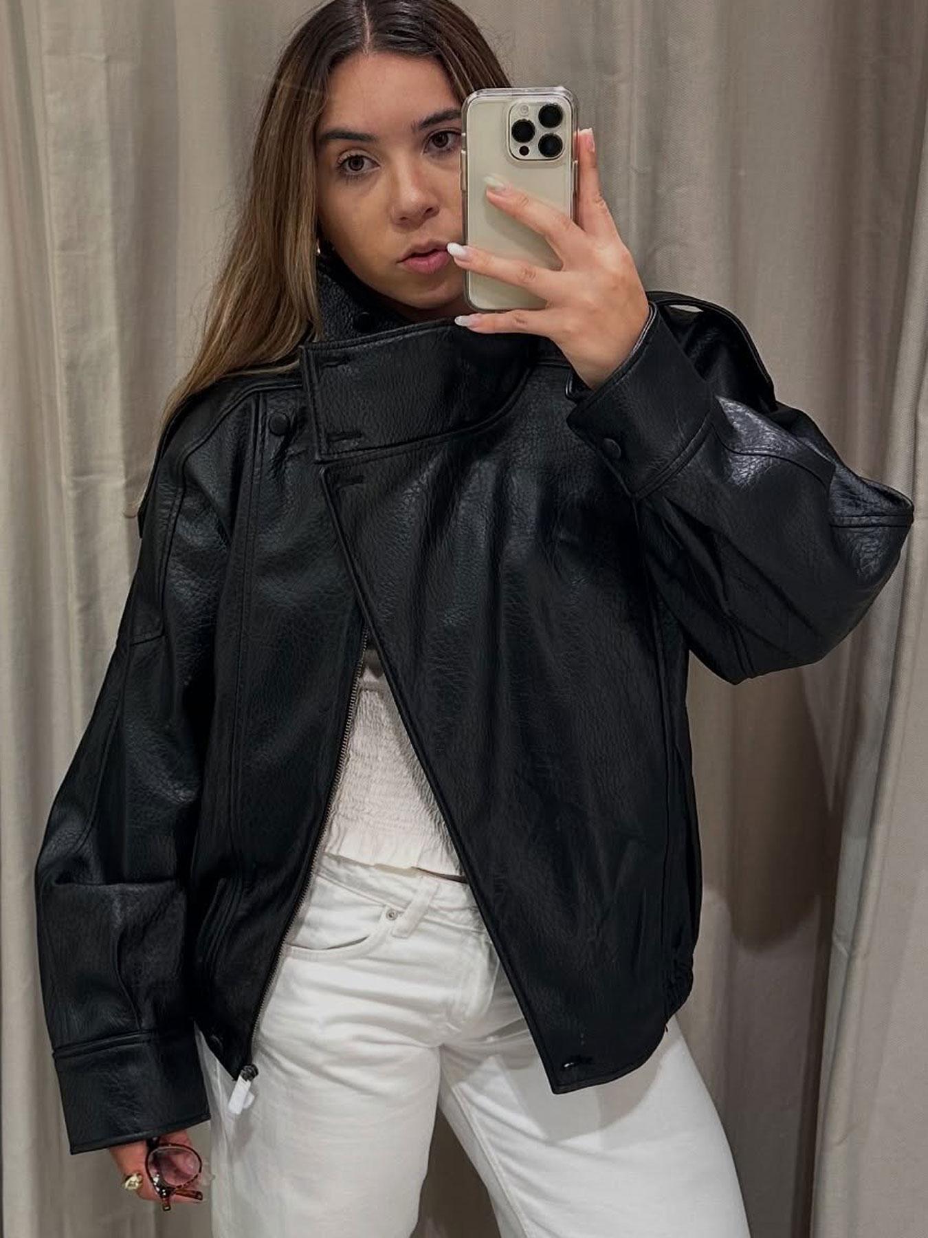 Bomb Jacket Black Faux Leather Jacket Stand Collar Oversized Moto Biker Jacket Elastic Hem Streetwear Casual Long Sleeve Waterproof Windproof Fashion Casual Outerwear for Spring & Fall, Ladies Clothes for Daily Wear Bomb Jacket Black Faux Leather Jacket Stand Collar Oversized Moto Biker Jacket Elastic Hem Streetwear Casual Long Sleeve Waterproof Windproof Fashion Casual Outerwear for Spring & Fall, Ladies Clothes for Daily Wear