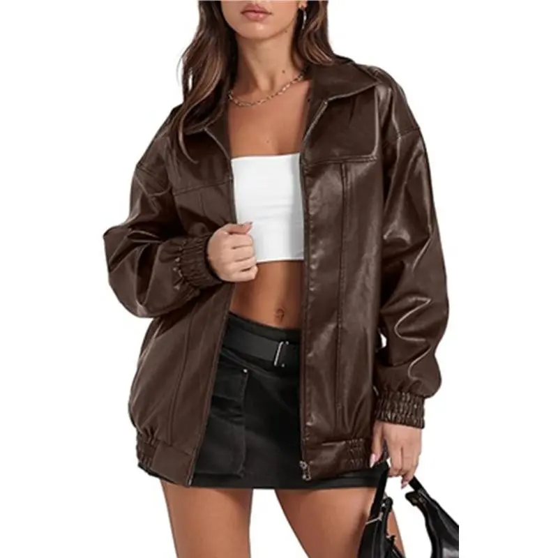 Leather Jacket Long Sleeve Lapel Zipper Side Pocket Casual Windbreaker Women's Coats Fitted Minimalist Black Outerwear