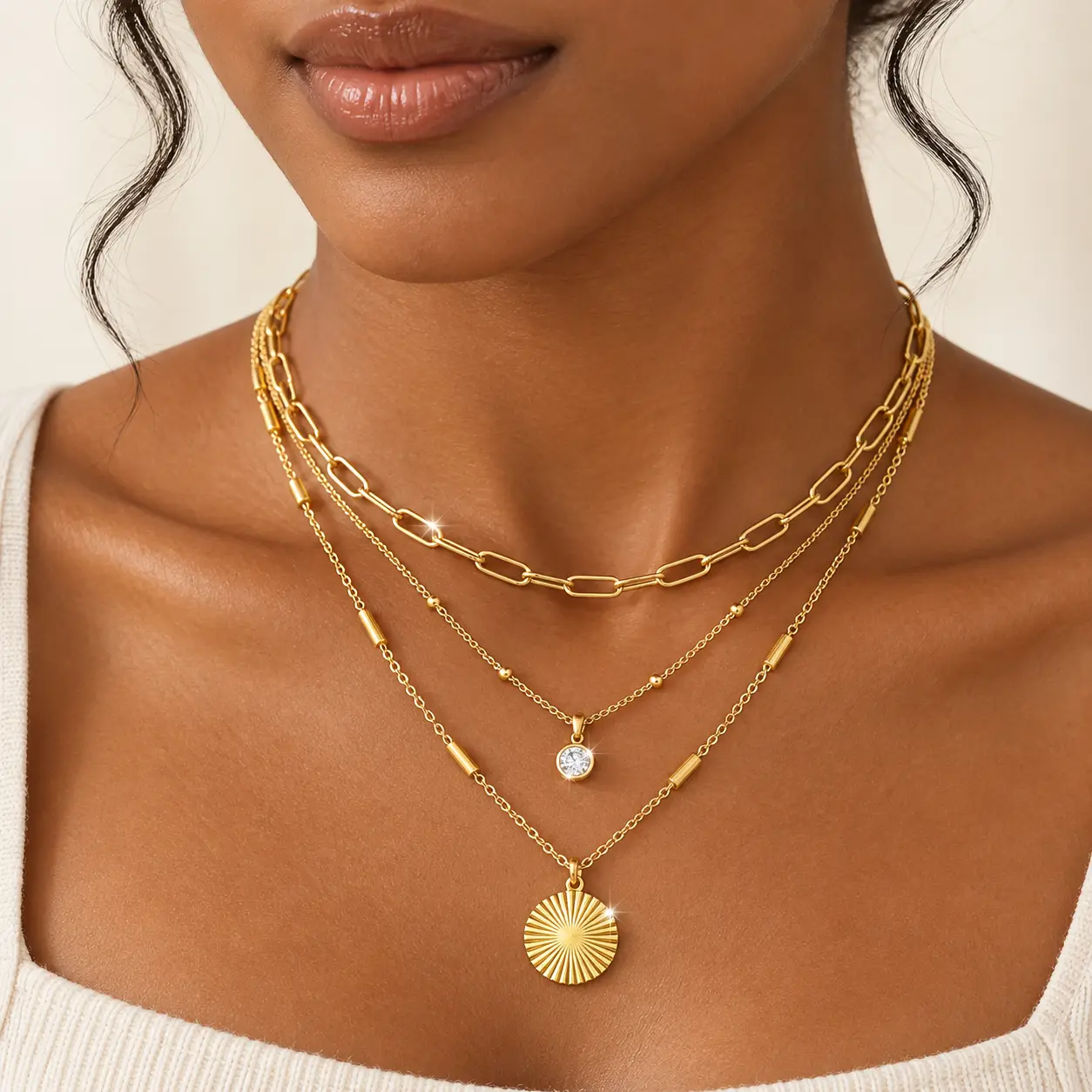 Women's 18K Gold Plated 3-Piece Layered Necklaces Set - Adjustable Minimalist Gold-Tone Necklaces for Women (14.2-16.5in Paperclip, CZ Pendant, Sun Pattern Disc Chains), Dainty Stackable Costume Jewelry for Daily Wear, Party