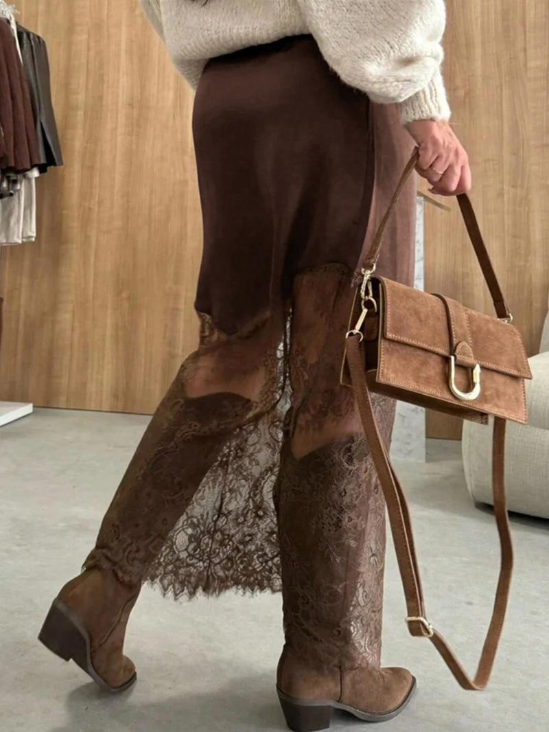 1 piece Valentine's Day Elegant Lace Patchwork Skirt, Knitted Fabric, Pure Color, Fitted , Daily Wear, Suitable for Spring and Summer