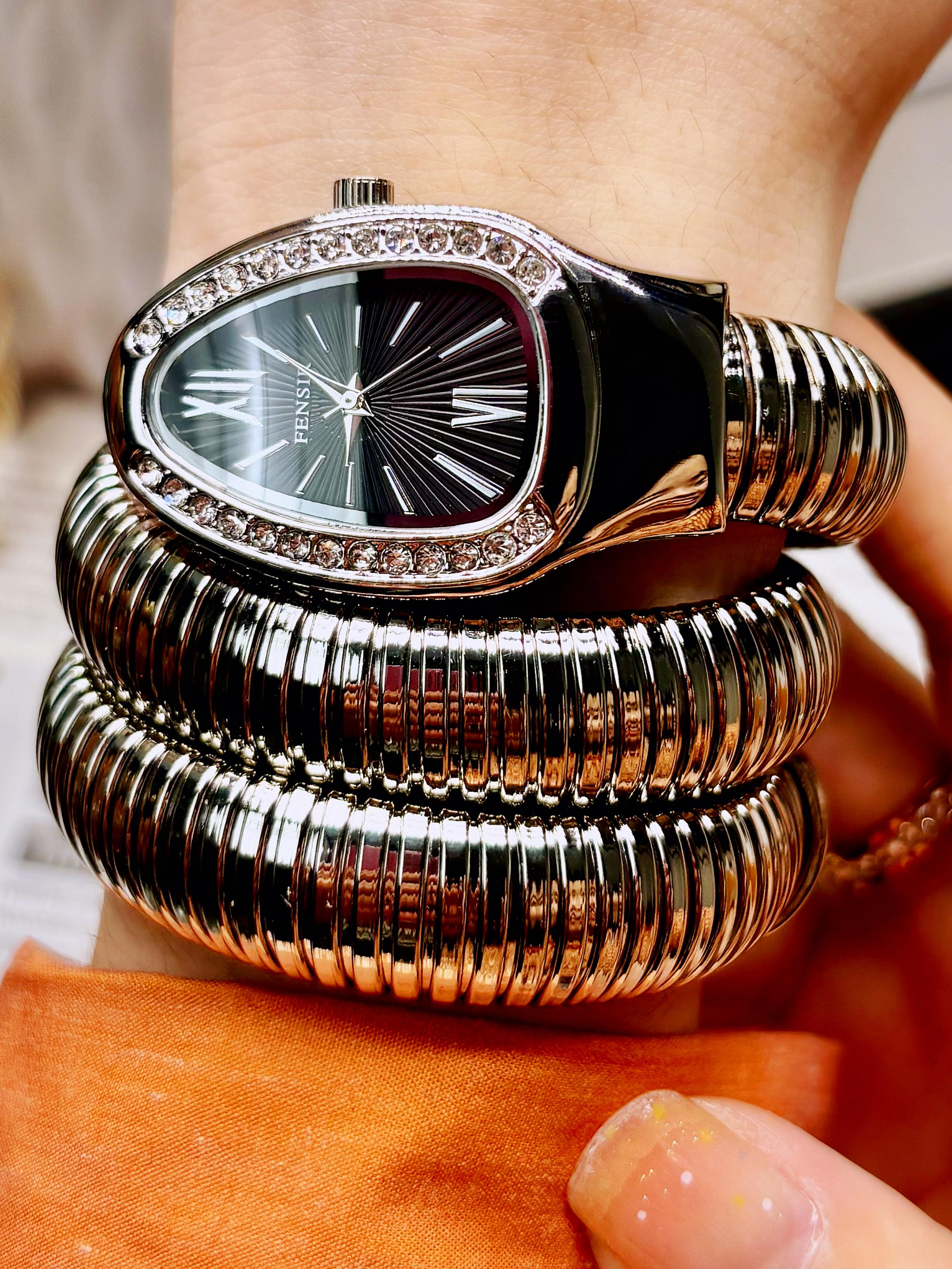 French Vintage Snake Bracelet Watch, Full Diamond Bezel, Roman Numerals Dial, Elastic Steel Band, Elegant Daily Wear, Business & Date Watch