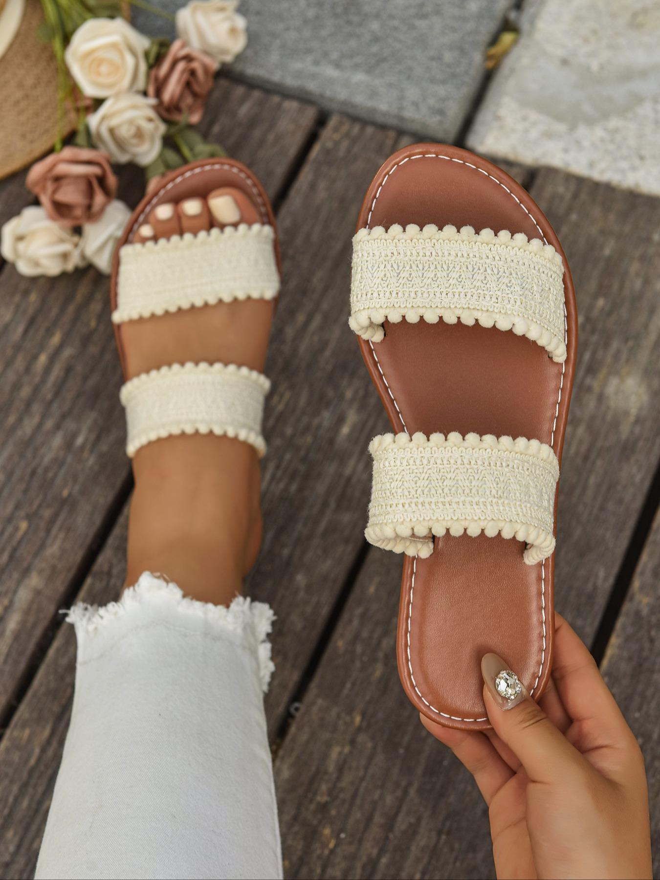 Women's Fashionable Plain Color Crochet Slides, Boho Style Slides, Casual Comfortable Slippers for Summer, Lightweight Breathable Slippers for Beach Vacation, Footwear