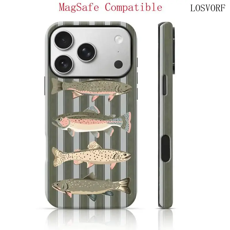 Magnetic Compatible Minimalist Trout Fish Design Handheld Phone Case - 360 Shockproof Dual-Layer, HD Pattern Flush Mount Accessory for iPhone 17+16+ Pro Max/15 Series/14/13/12 & Samsung S26/S25 Ultra, Tpu Hybrid Shell