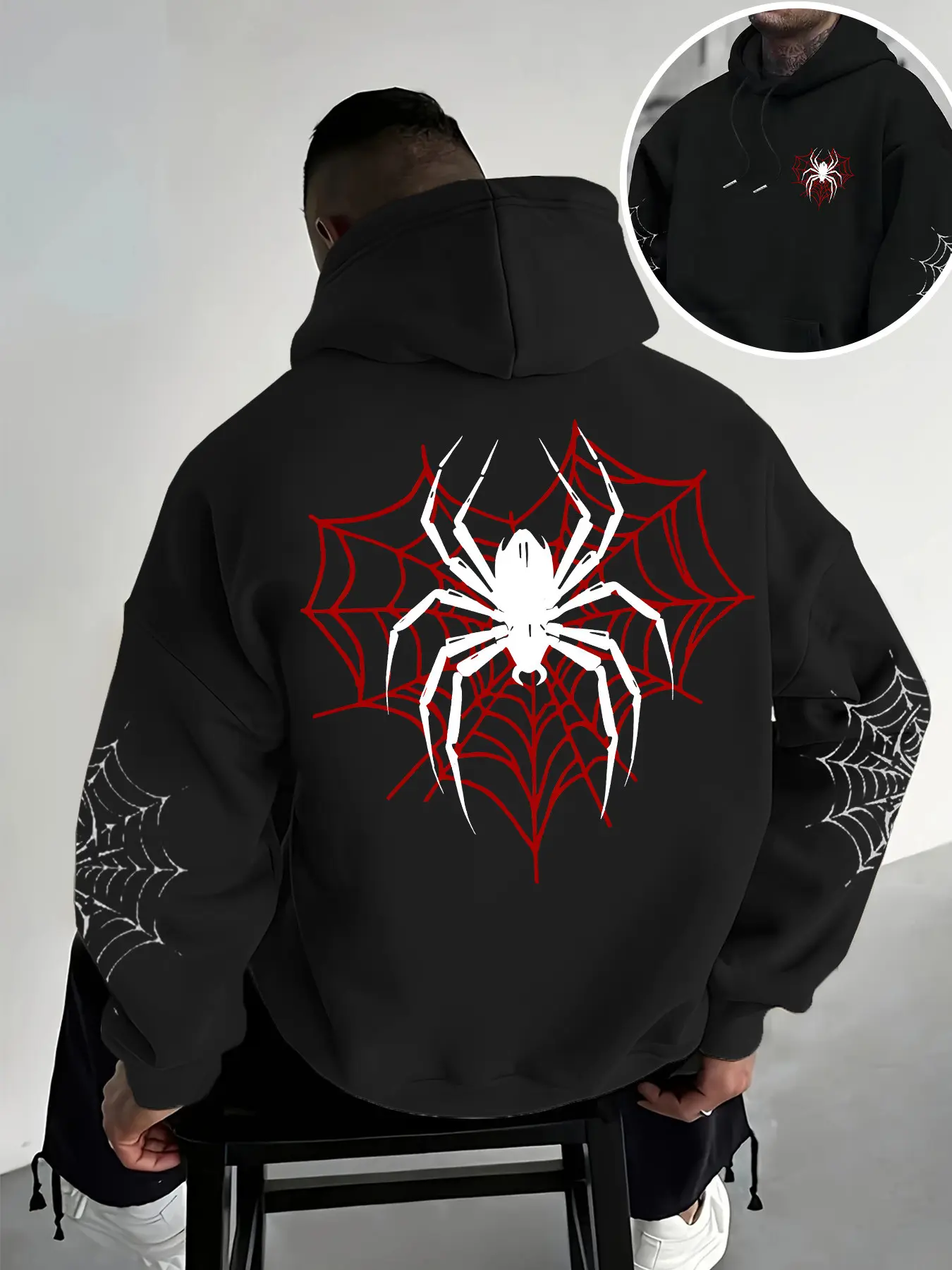 Men's Knitted Casual Loose Fit Long Sleeve Hoodie, Fashion Spider Web Pattern, Perfect for Fall & Winter, Comfortable Daily Wear