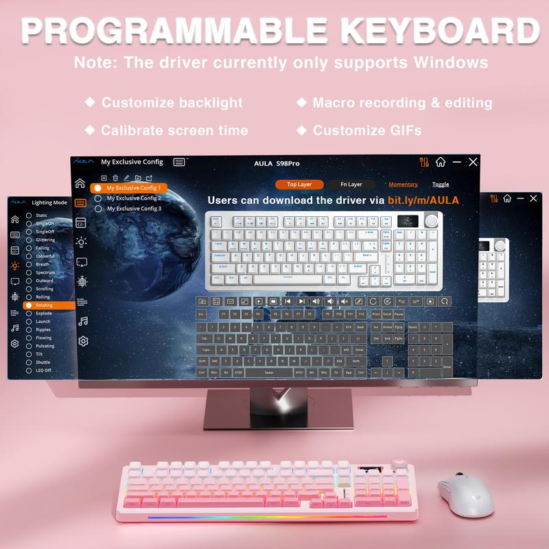 Official AULA S98 Pro Hot Swappable Wireless Mechanical Gaming Pink Keyboard with Screen & Knob, Tri-Mode Connection 2.4GHz/USB-C/BT5.0 Creamy Keyboard,Side Printed PBT Keycaps,Pre-lubed Linear Switches,RGB Backlit  TikTokShopfalldealsforyou
