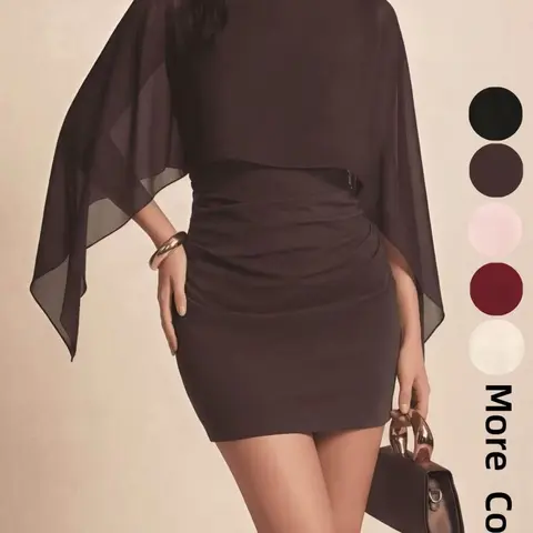 Autumn Women's Batwing Sleeve Dress, Elegant Chiffon Wrap Neckline, Slim Fit Party & Casual Wear, Fashionable Bodycon Dress, Date Night Dress