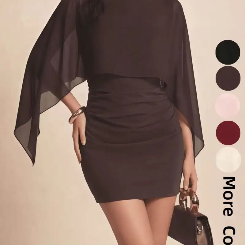 Autumn Women's Batwing Sleeve Dress, Elegant Chiffon Wrap Neckline, Slim Fit Party & Casual Wear, Fashionable Bodycon Dress, Date Night Dress