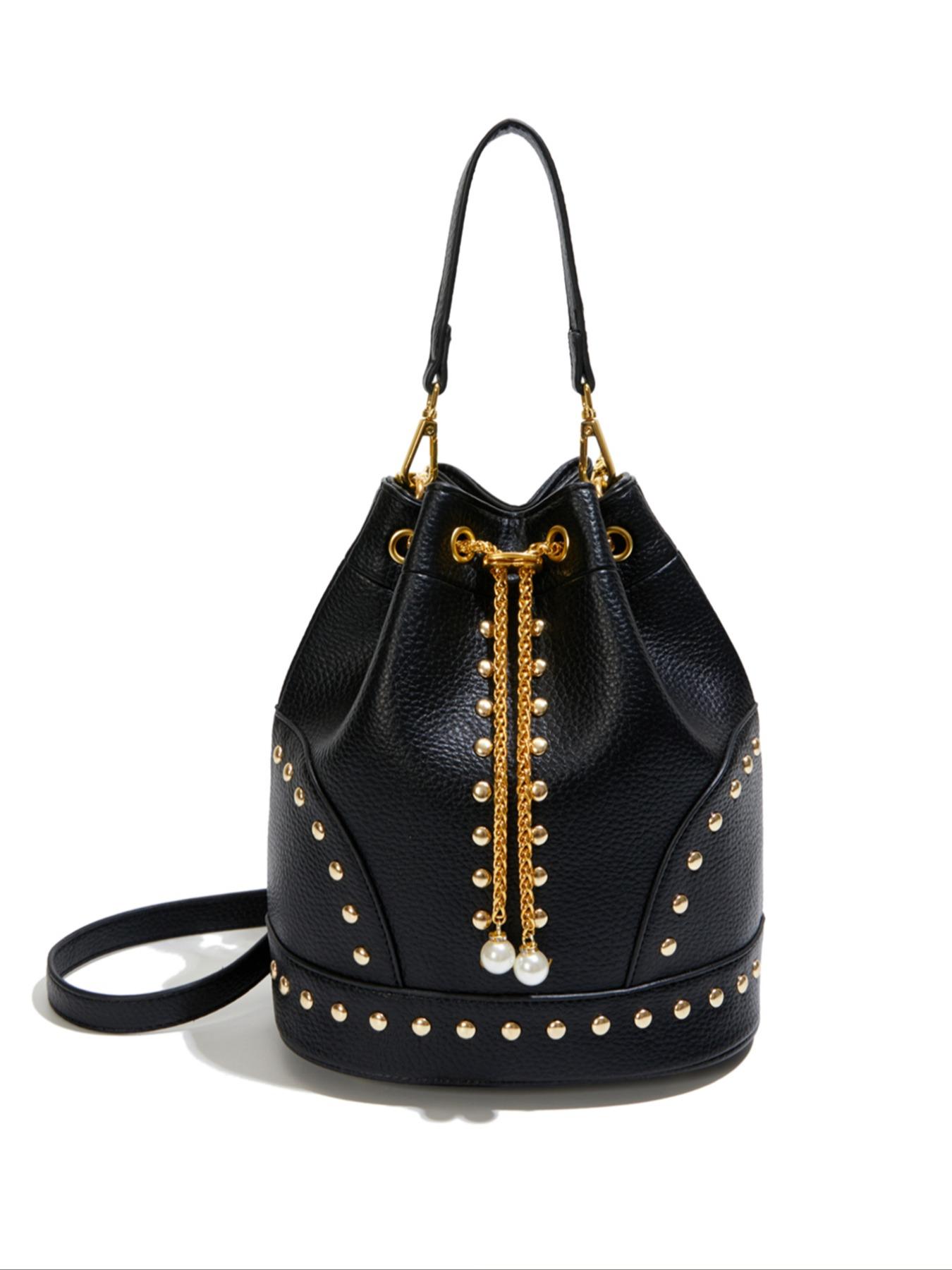 High-Quality Leopard Texture Rivet Drawstring Bucket Bag, Vintage Luxury Pearl Chain Shoulder Crossbody Bag, Women's Mini Storage Bag, Faux Leather Crossbody, Stylish Chain Bag