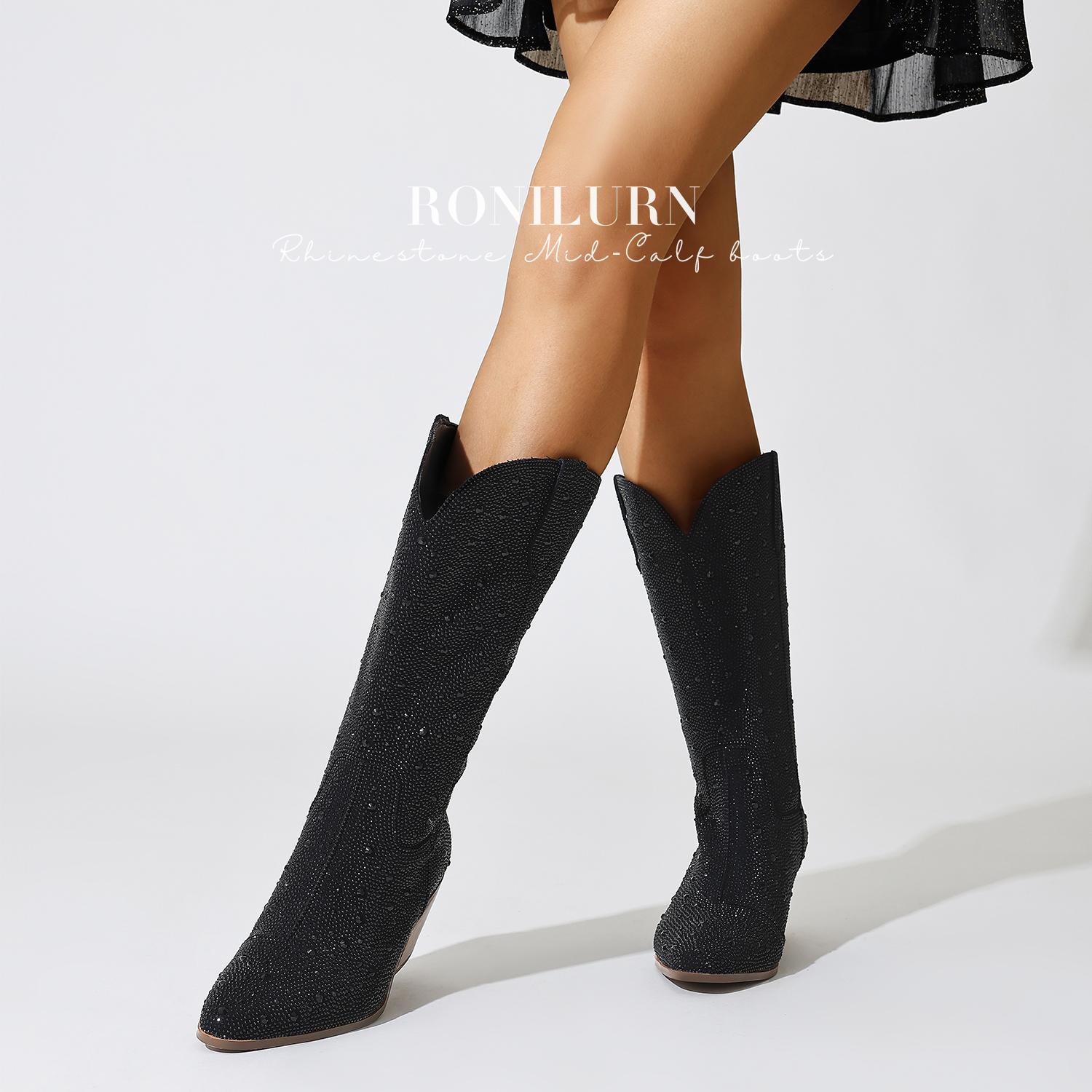 Women Cowboy Boots Cowgirl Rhinestone Mid Calf Western Boots Sparkly Glitter Boots Bling Pointed Toe Chunky Heel Pull On