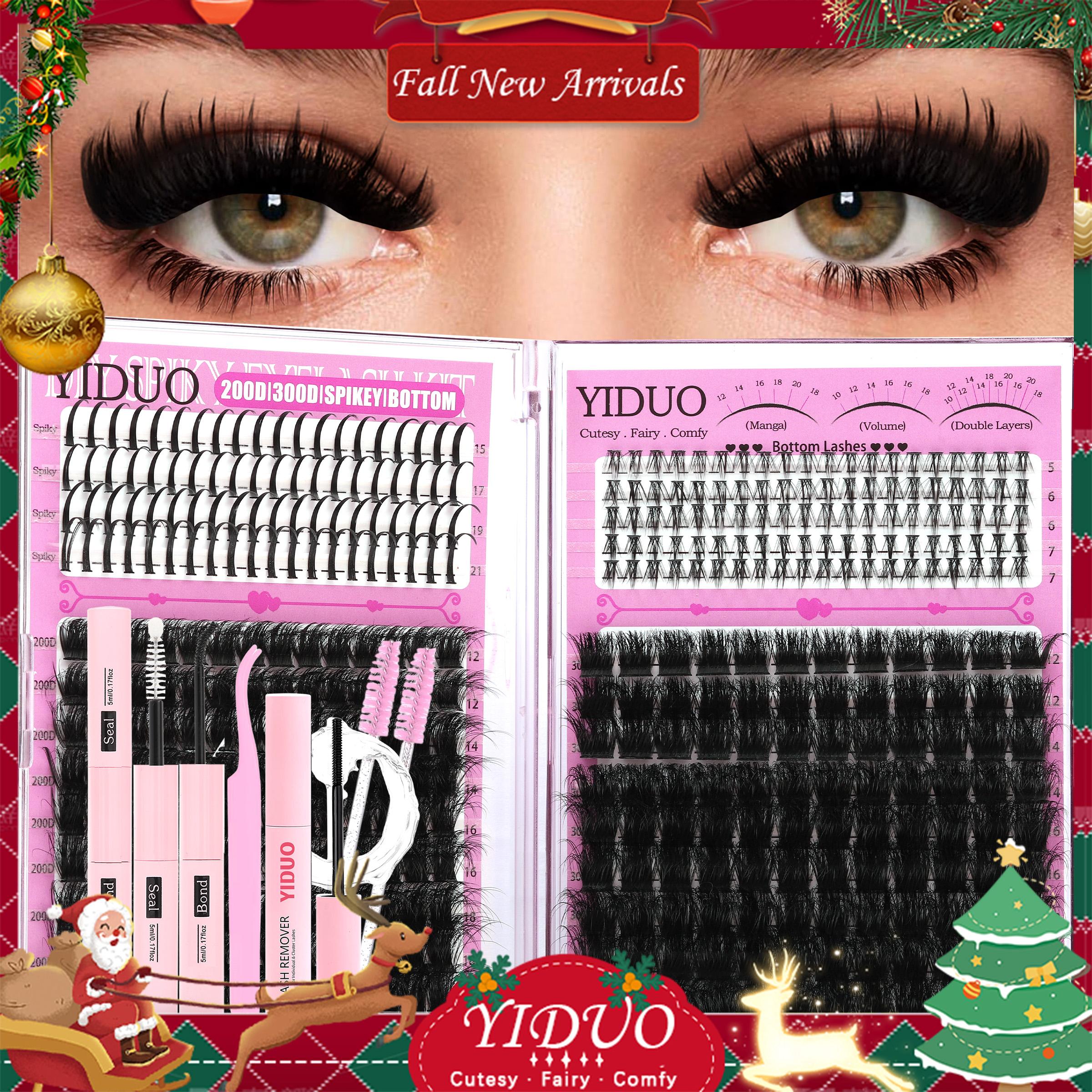YIDUO 4 Styles DIY Volume Eyelash Cluster Kit, 200D/300D/Bottom/Spike Lashes, 5-20 mm D-Curl Eyelash Extensions Kit 440 Pcs with Lash Bond and Seal, Lash Remover, Lash Tweezers and Eyelash Brush for Easy DIY at Home