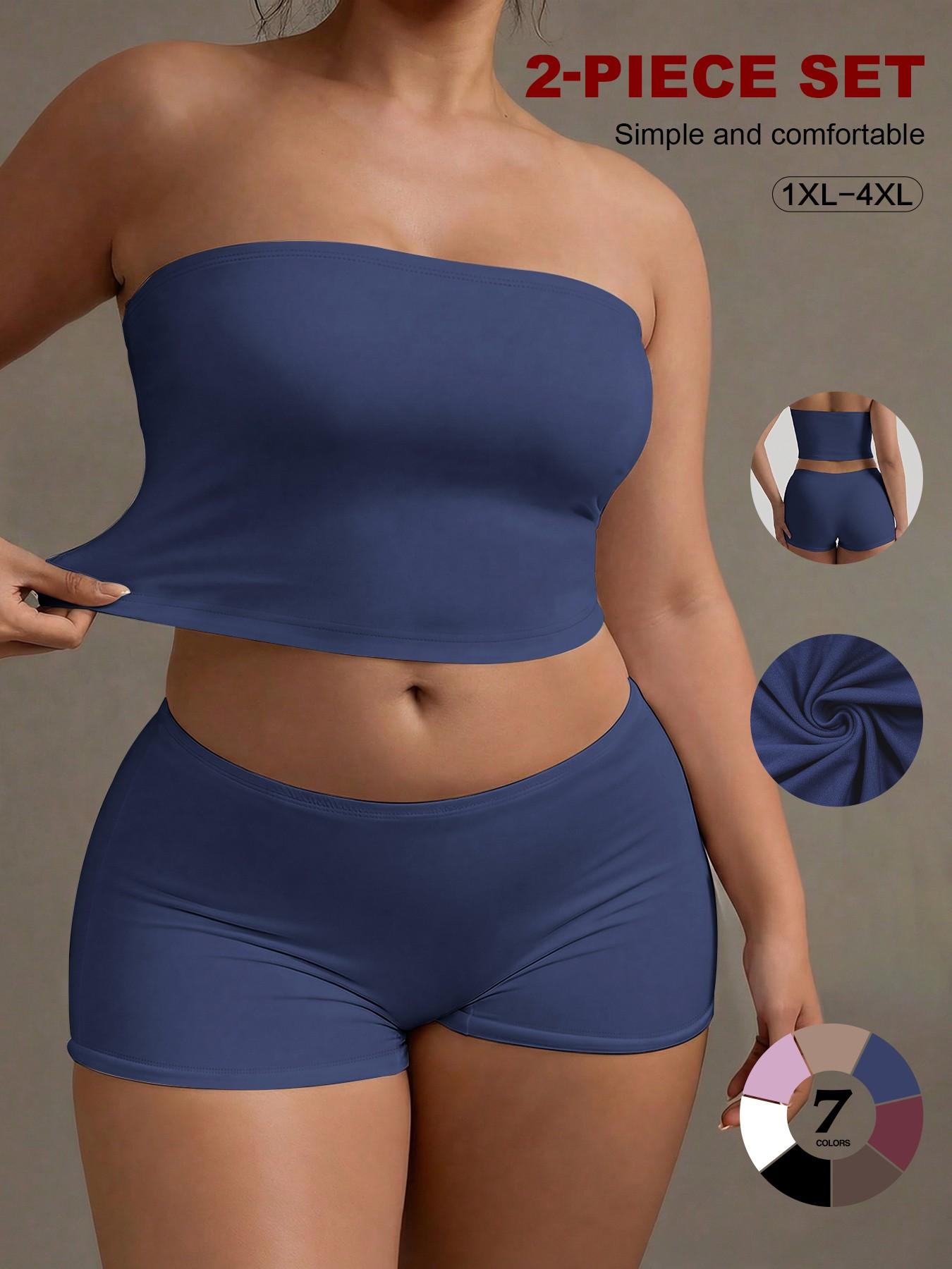 Plus Size 2 Piece Basic Tube Top and Shorts Set, Soft Stretch Strapless Lounge Set, Comfortable and Stylish, Perfect for Relaxing at Home, Womenswear