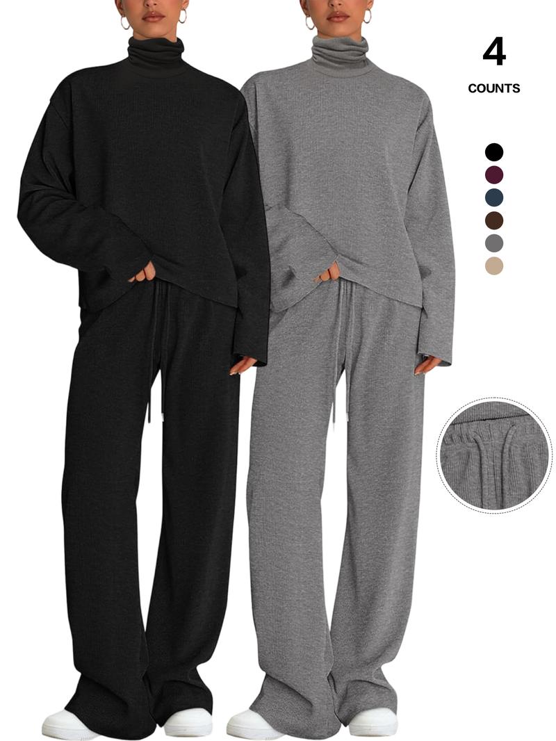 Women's 2 Piece Set Outfits Lounge Sets Ruched Short Sleeve Tops High Waisted Wide Leg Pants Tracksuit Sets, Elegant and casual high-round-neck long-sleeved basic two-piece set Casual Loungewear Set