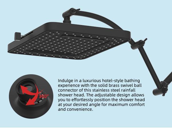 Hibbent Rain Shower Head, 13'' High Pressure Rainfall 5 Spray Mode Showerhead with 16" Shower Head Extension Arm, Solid Brass Adjustable Shower Arm Extender, Waterfall fixed Showerheads, Matte Black