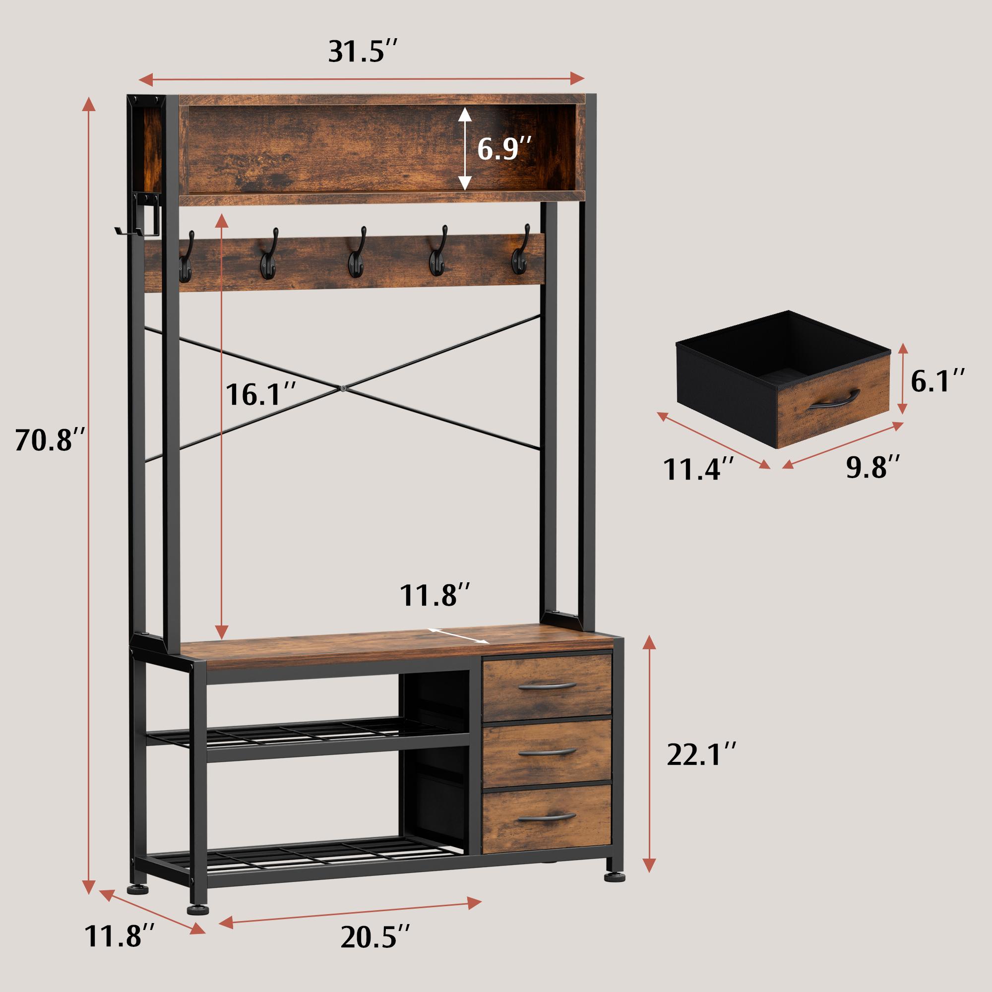 Aowos Hall Tree with Bench and Shoe Storage, 31”/39” Freestanding Entryway Storage Cabinet, 5-in-1 Coat Rack and Shoe Bench with Wall Organizer, 17 Hooks, Drawers and Shelves, Space-Saving Hall Tree for Entryway, Hallway, Foyer