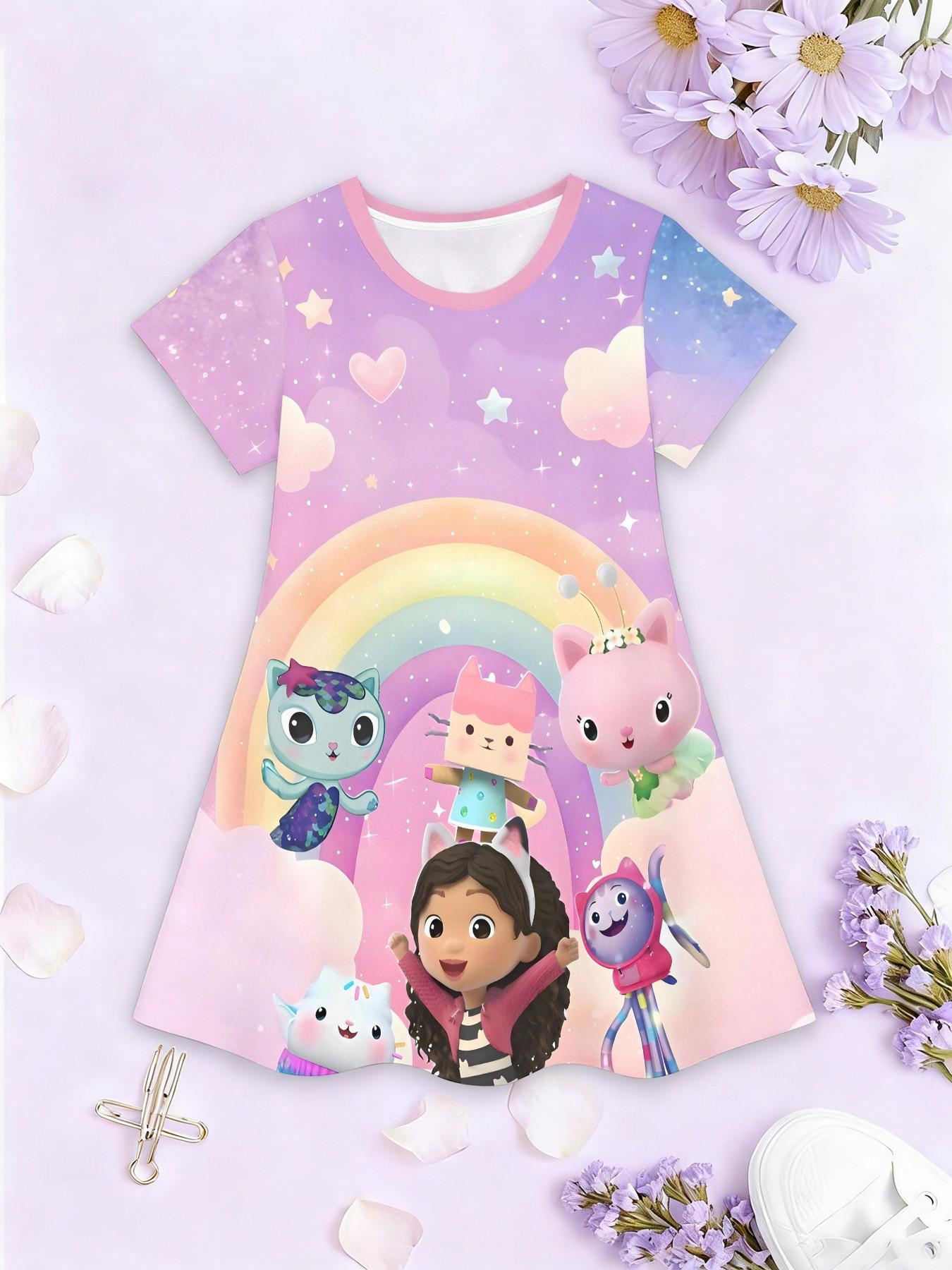 Girls' Gabby Doll House Theme Dress, Summer Fun Short Sleeve Princess Dress, Breathable Casual Dress, Birthday Gift, Holiday Gift