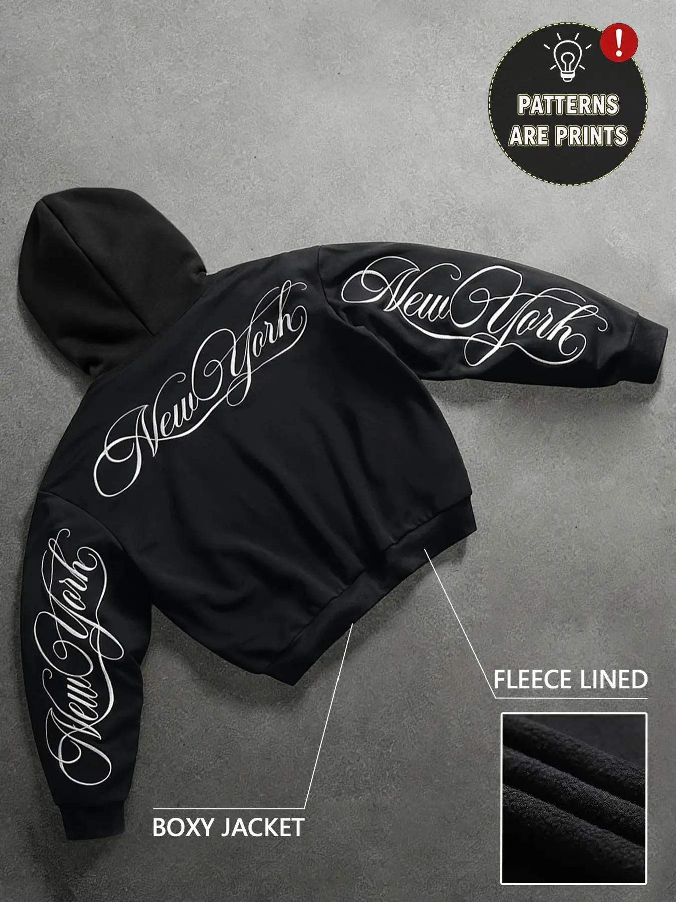 Black New York Script Print Hooded Boxy Jacket, Fleece Lined Graphic Streetwear Jacket, Back & Sleeve Lettering, Unisex Warm Cozy Outerwear for Fall Winter