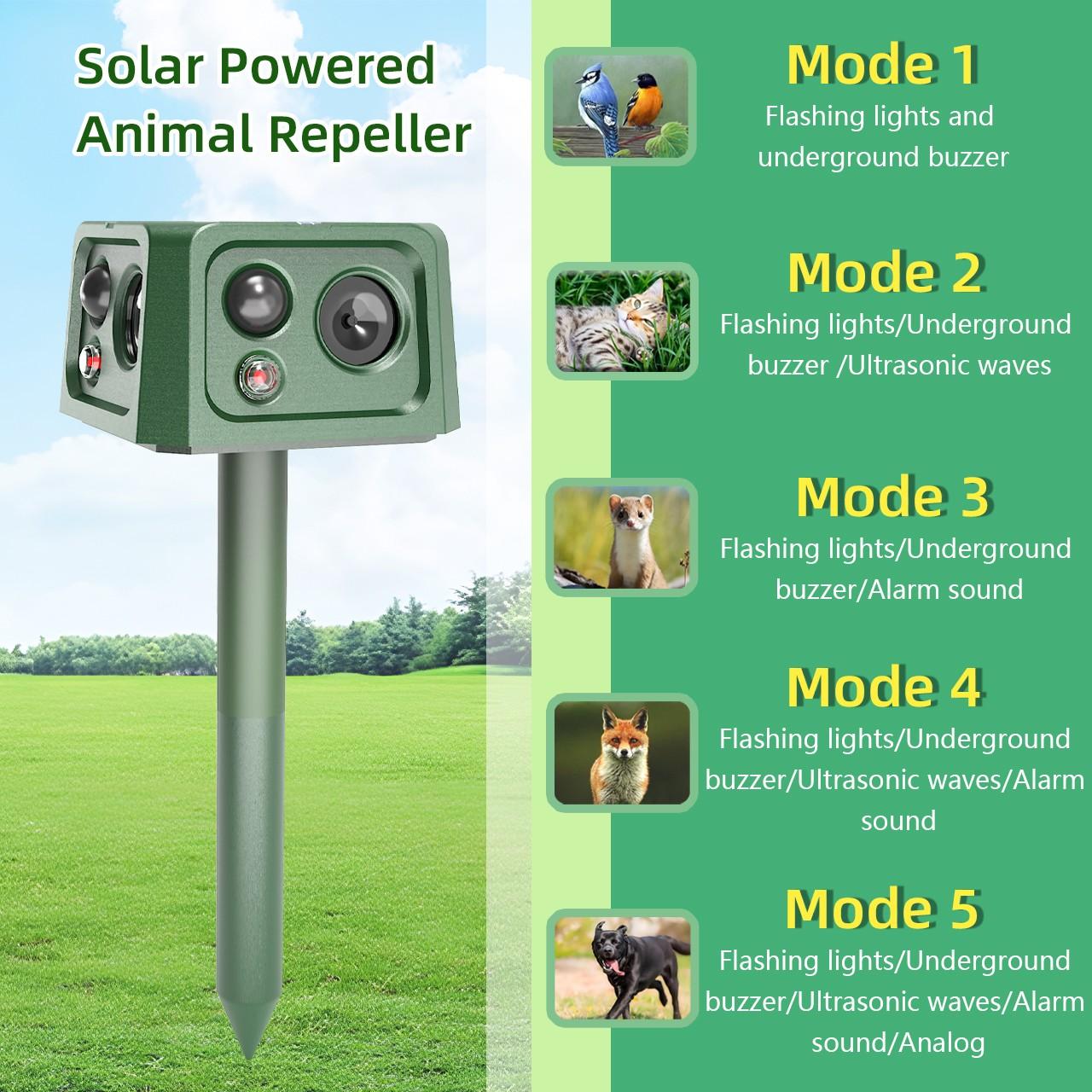 Four-sided Inductive Ultrasonic Rodent Repellent Device, Solar Bird Repellent Device, Cat Repellent Device, Bottom Vibrating Rod Animal Repeller. Suitable for gardens, farms and orchards.