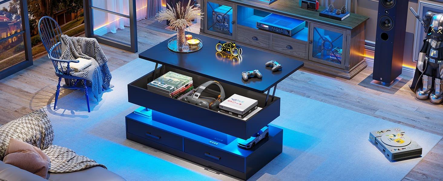 Sikaic 40 Inches Lift Top Coffee Table With 2 Fabric Drawers And LED Light