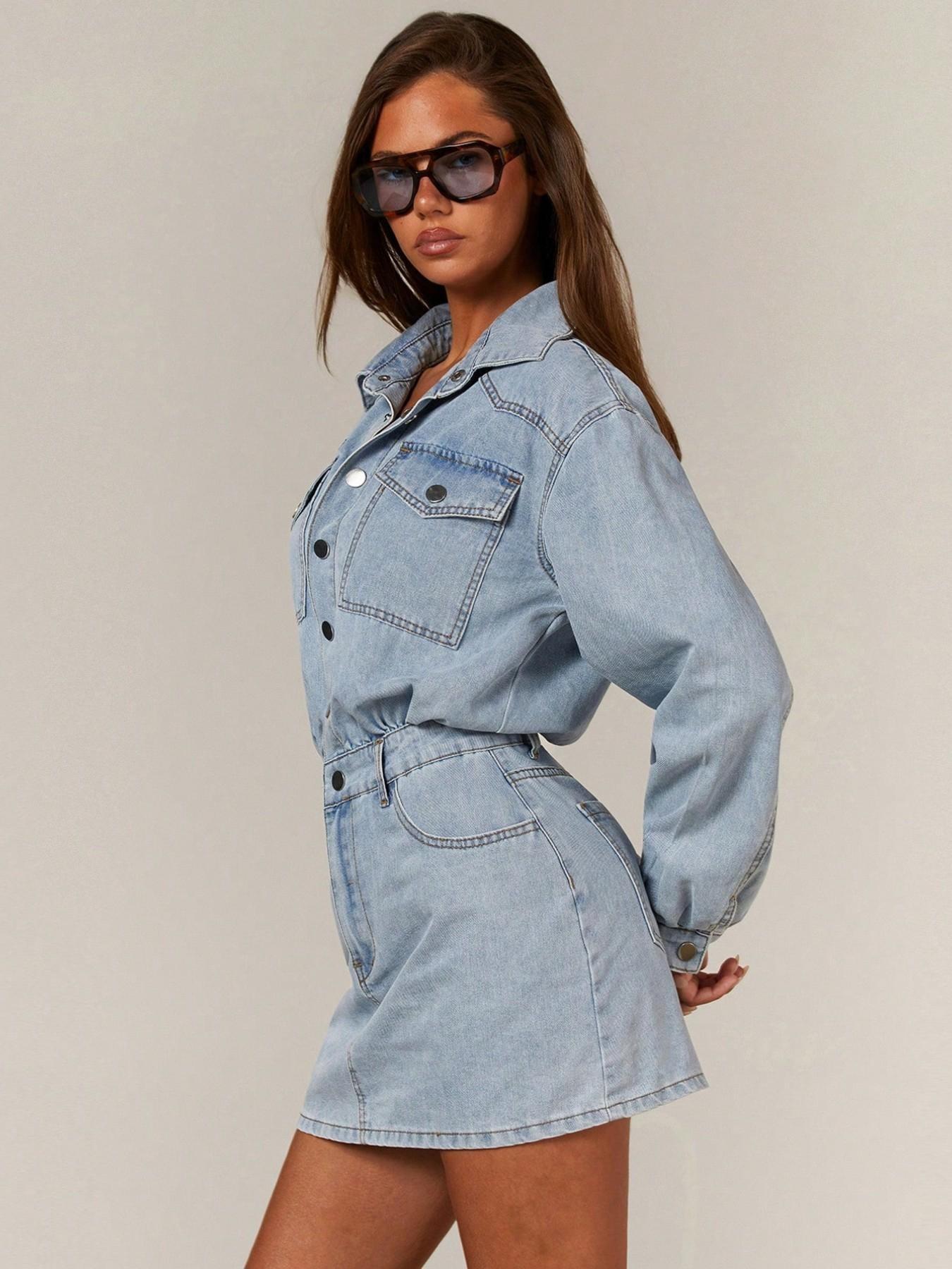 Women's Long Sleeve Utility Pocket Single-Breasted Casual Light Wash Denim Dress, Shirt Collar Classic Style, Waist-Cropped Design for All Body Types, Essential Streetwear Piece